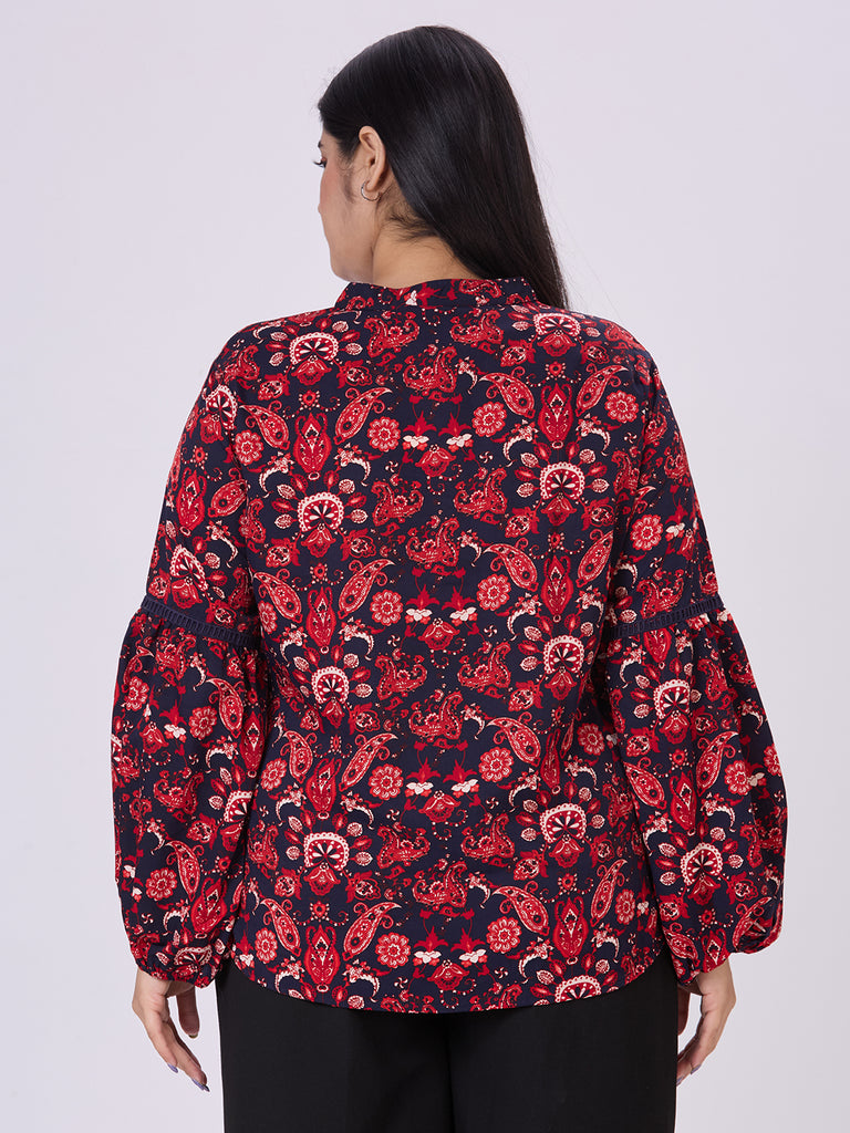 Style Quotient Women navy red floral top-Tops-StyleQuotient