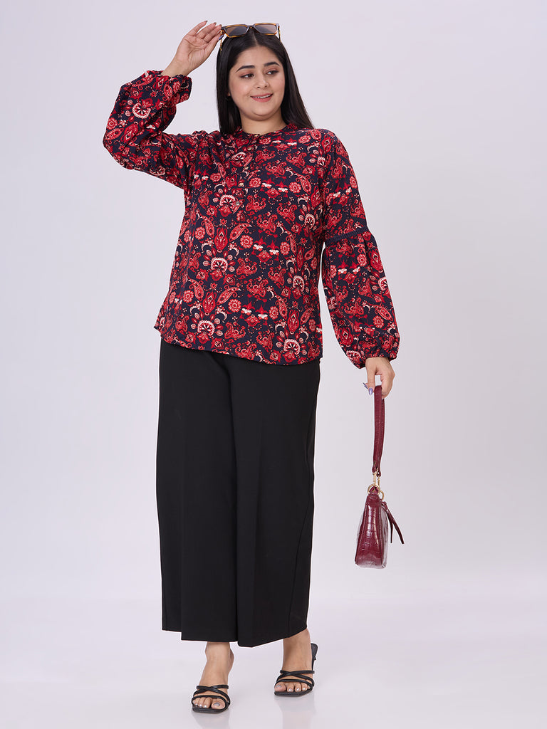 Style Quotient Women navy red floral top-Tops-StyleQuotient