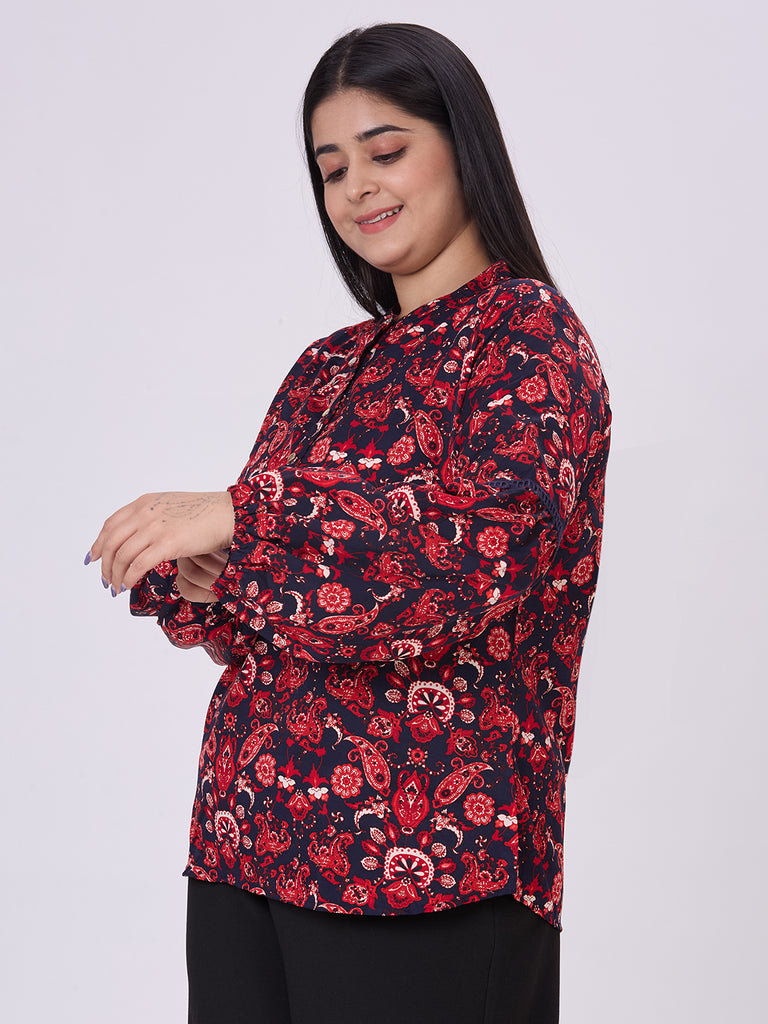 Style Quotient Women navy red floral top-Tops-StyleQuotient