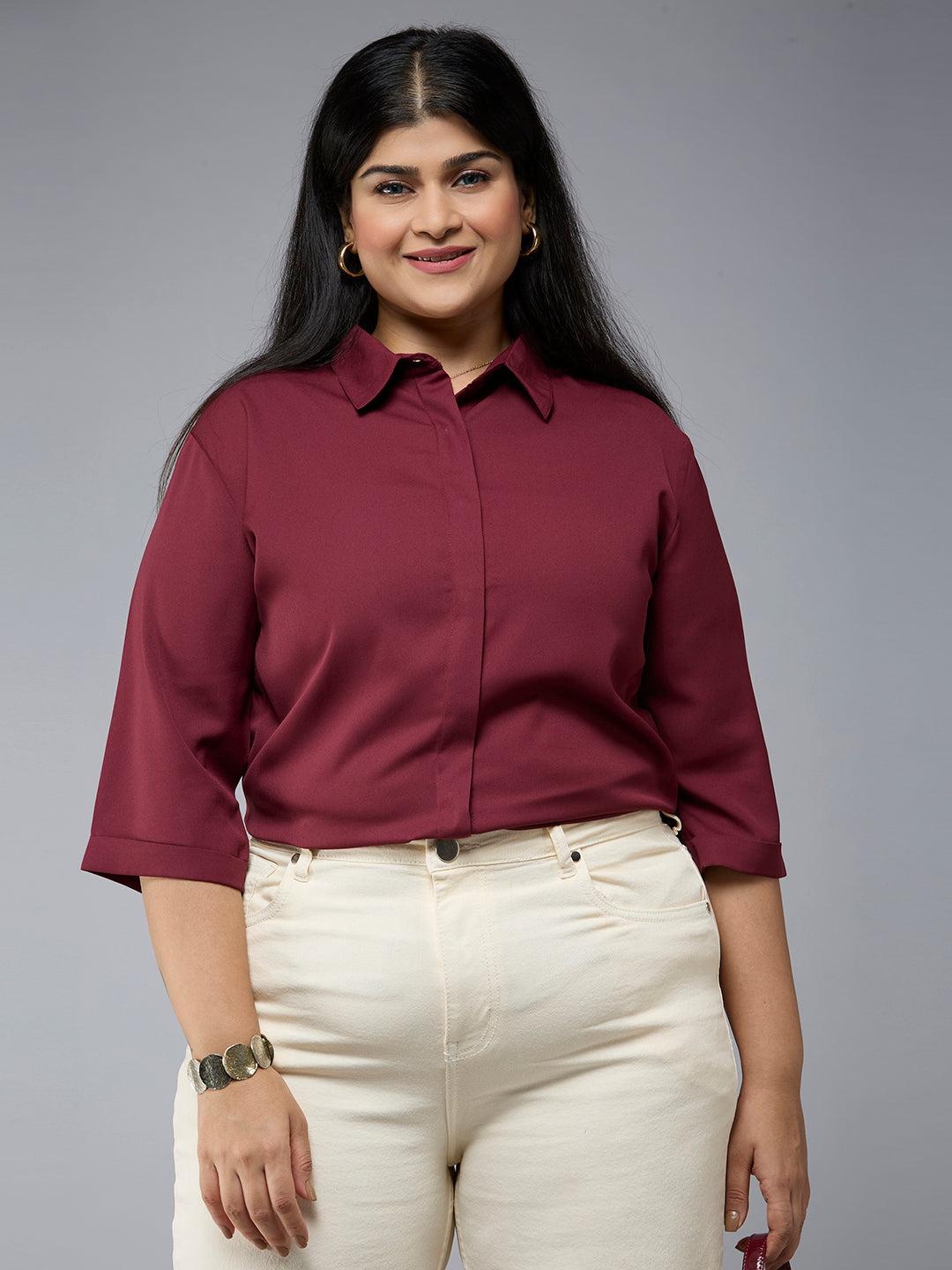 Style Quotient Plus Size Women Maroon Polyester Formal Shirt-Shirts-StyleQuotient