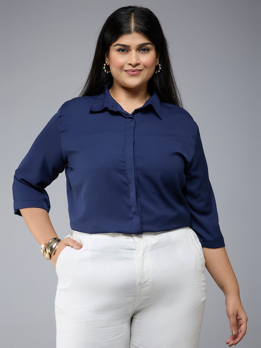 Style Quotient Plus Size Women Navy Polyester Formal Shirt-Shirts-StyleQuotient