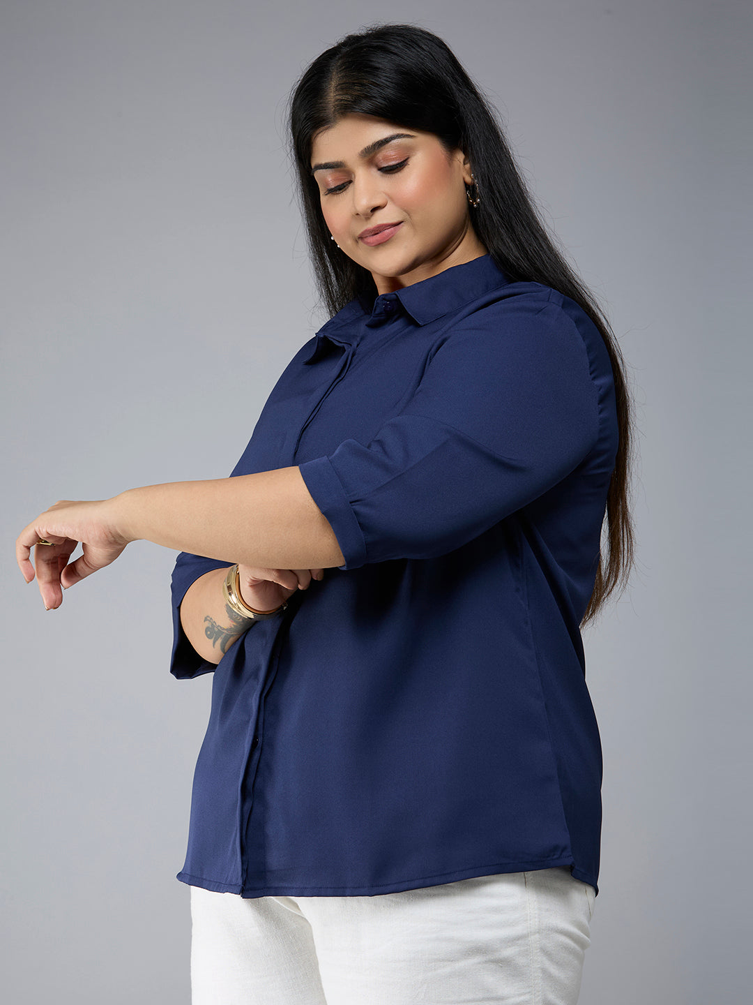 Style Quotient Plus Size Women Navy Polyester Formal Shirt-Shirts-StyleQuotient
