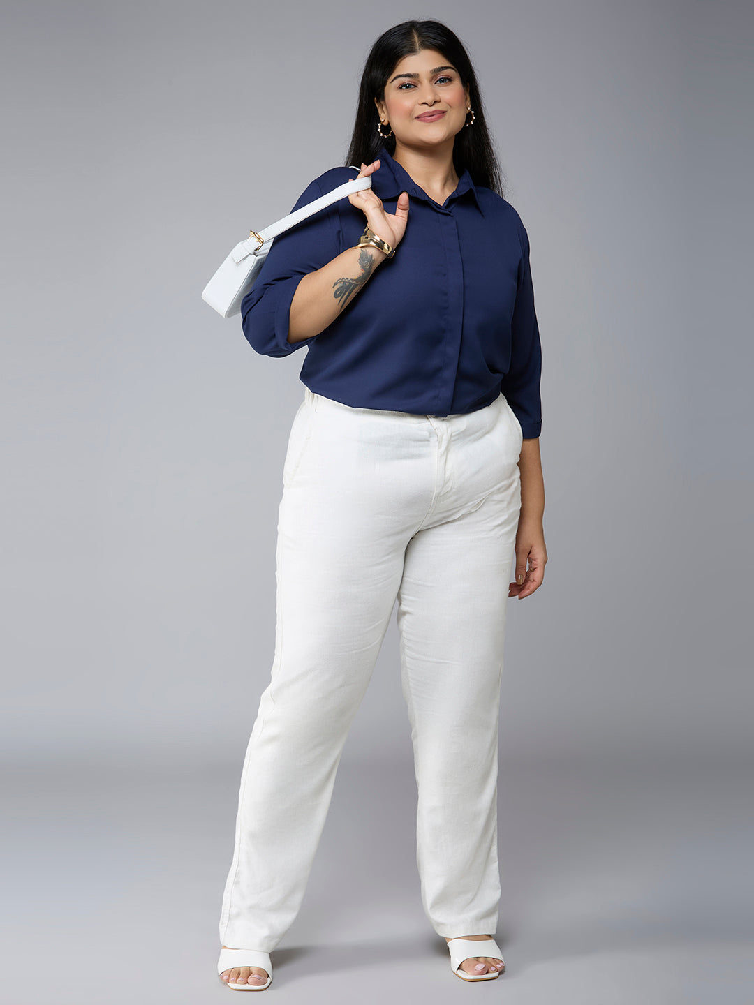Style Quotient Plus Size Women Navy Polyester Formal Shirt-Shirts-StyleQuotient