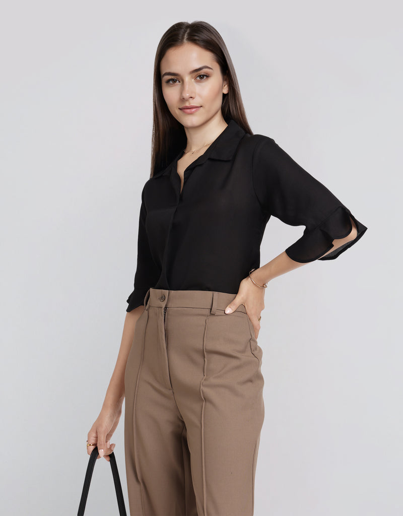 Style Quotient Women Solid Black Shirt Style Top-Tops-StyleQuotient