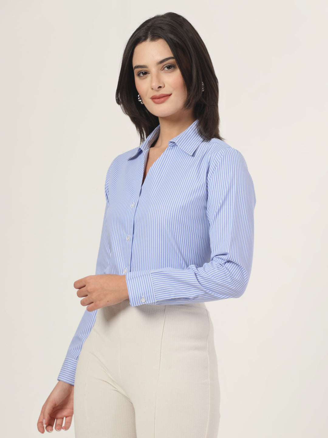 Style Quotient Women Blue and White Stripe Polycotton Formal Shirt-Shirts-StyleQuotient