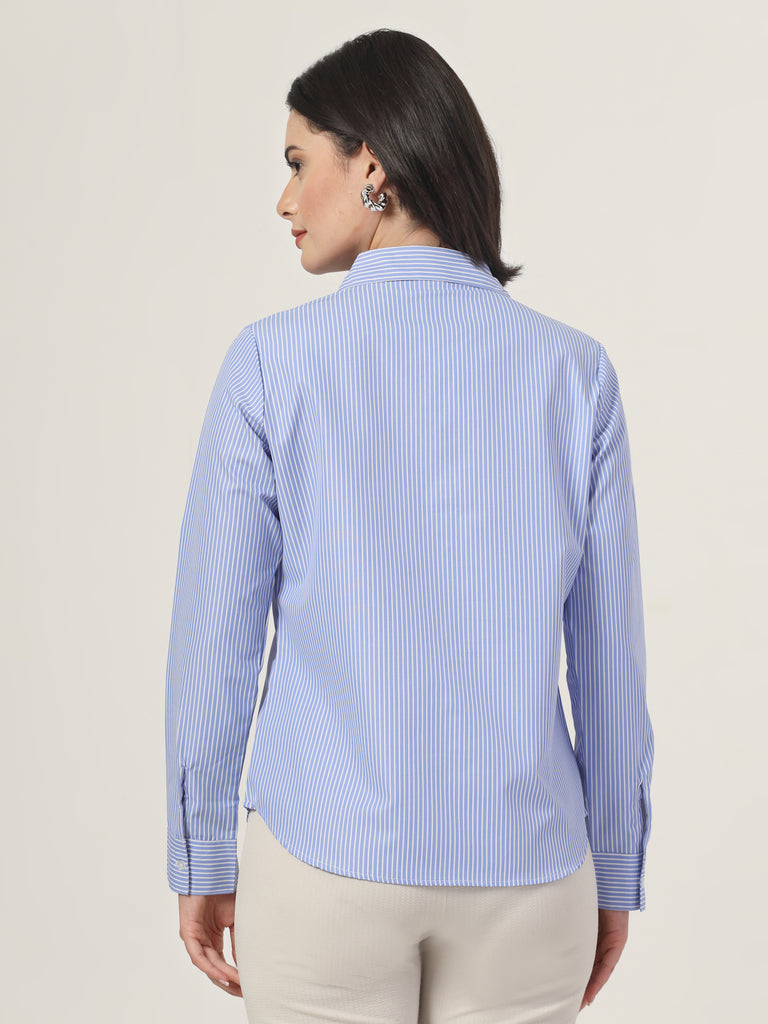 Style Quotient Women Blue and White Stripe Polycotton Formal Shirt-Shirts-StyleQuotient