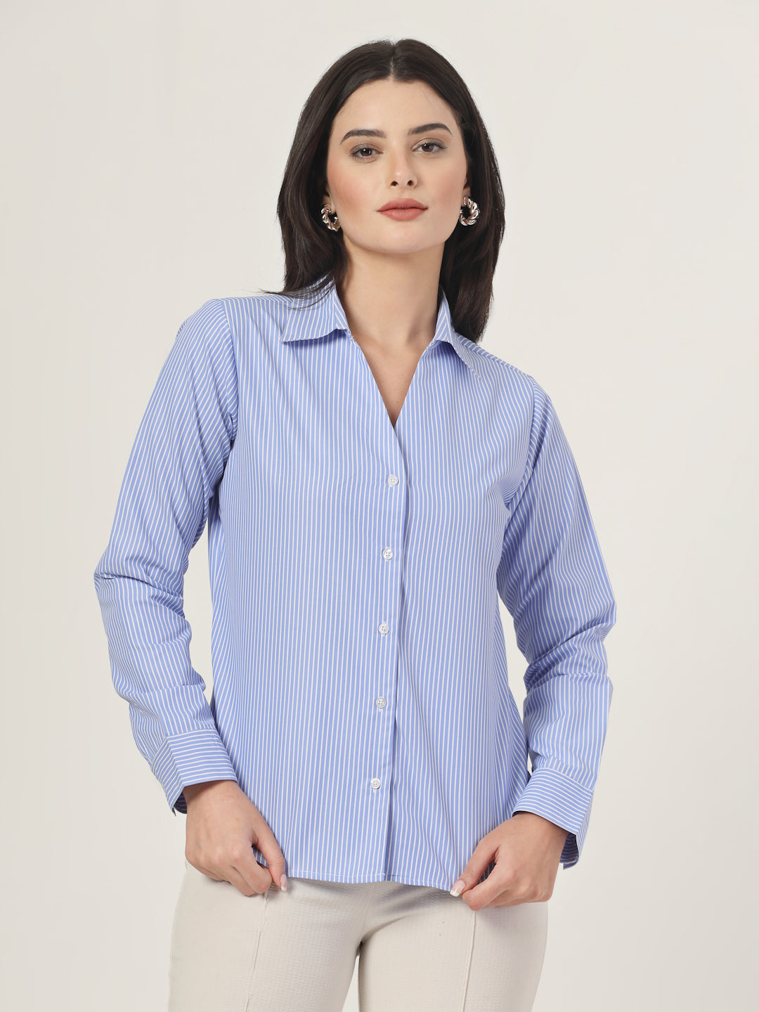 Style Quotient Women Blue and White Stripe Polycotton Formal Shirt-Shirts-StyleQuotient