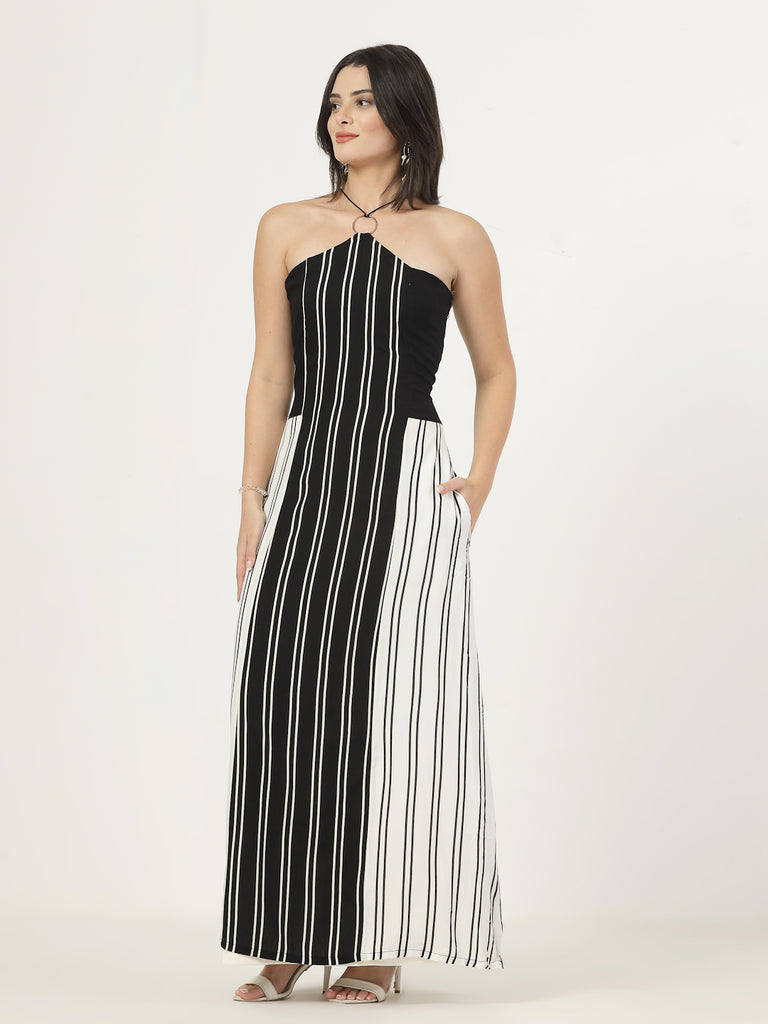 Style Quotient Women Balck and White Stripe Maxi Dress-Dresses-StyleQuotient