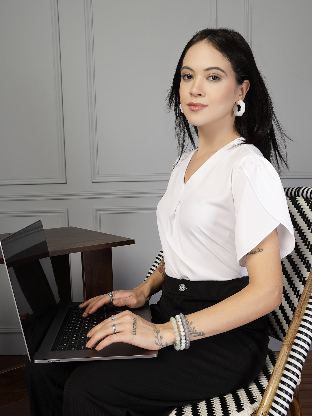 Style Quotient Women white polymoss top-Tops-StyleQuotient