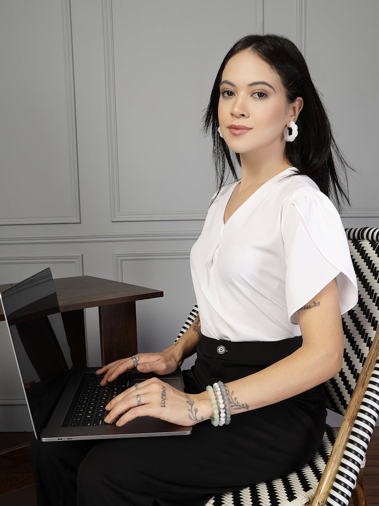 Style Quotient Women white polymoss top-Tops-StyleQuotient