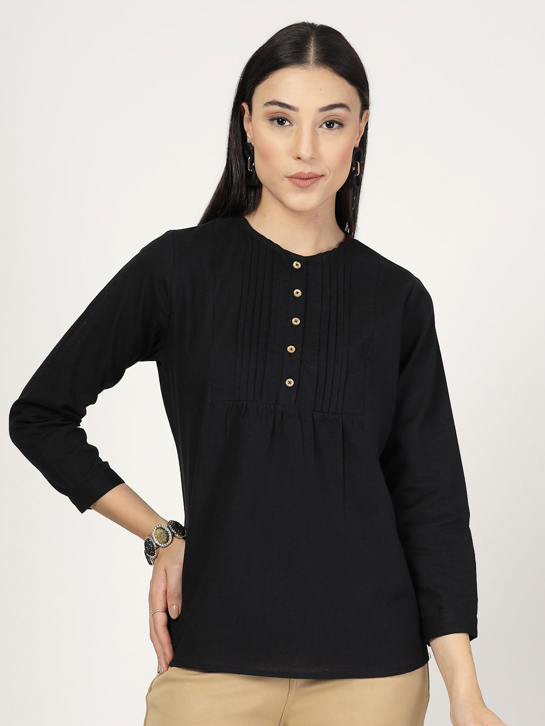 Style Quotient Women Solid Black Cotton Top-Tops-StyleQuotient