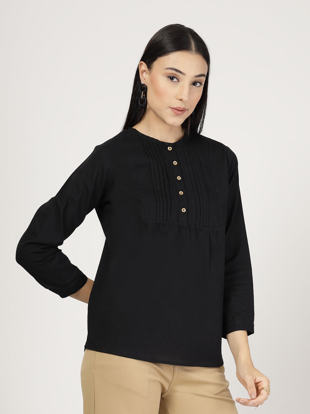 Style Quotient Women Solid Black Cotton Top-Tops-StyleQuotient