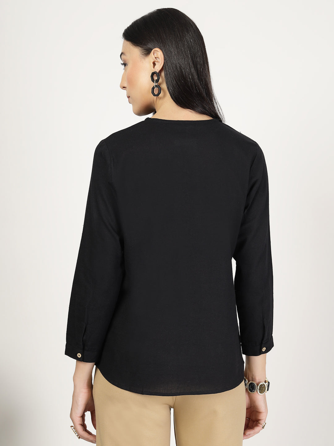 Style Quotient Women Solid Black Cotton Top-Tops-StyleQuotient