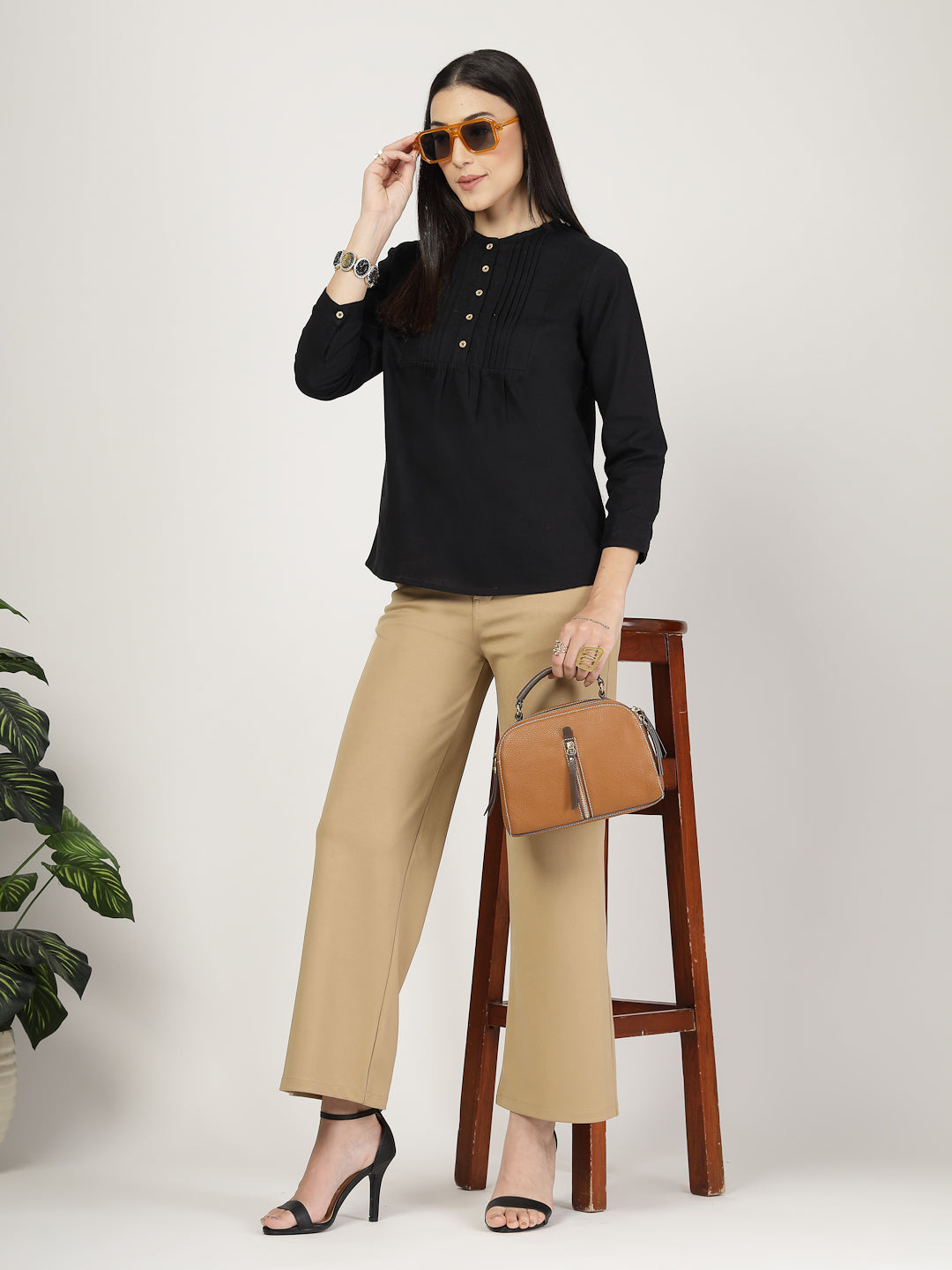 Style Quotient Women Solid Black Cotton Top-Tops-StyleQuotient