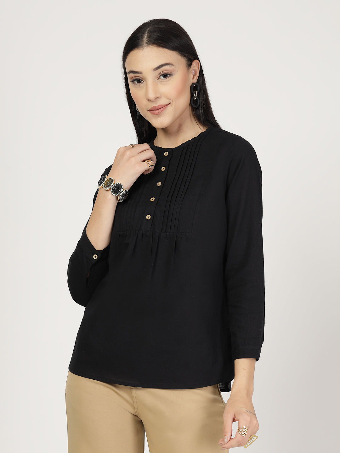 Style Quotient Women Solid Black Cotton Top-Tops-StyleQuotient
