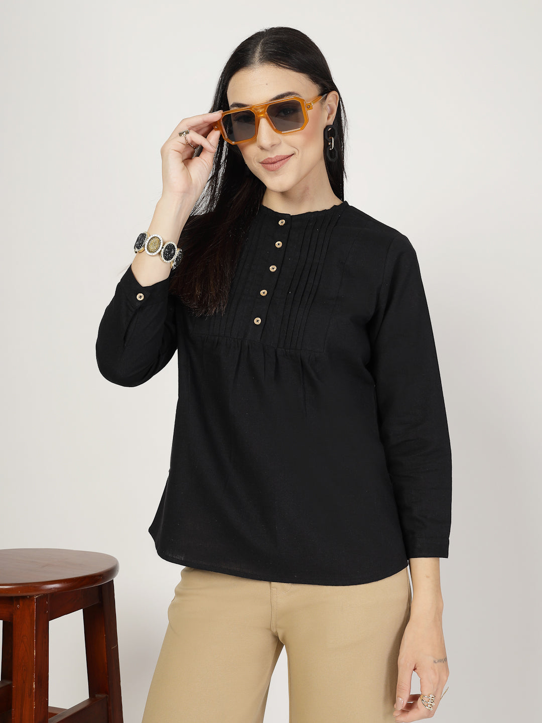 Style Quotient Women Solid Black Cotton Top-Tops-StyleQuotient