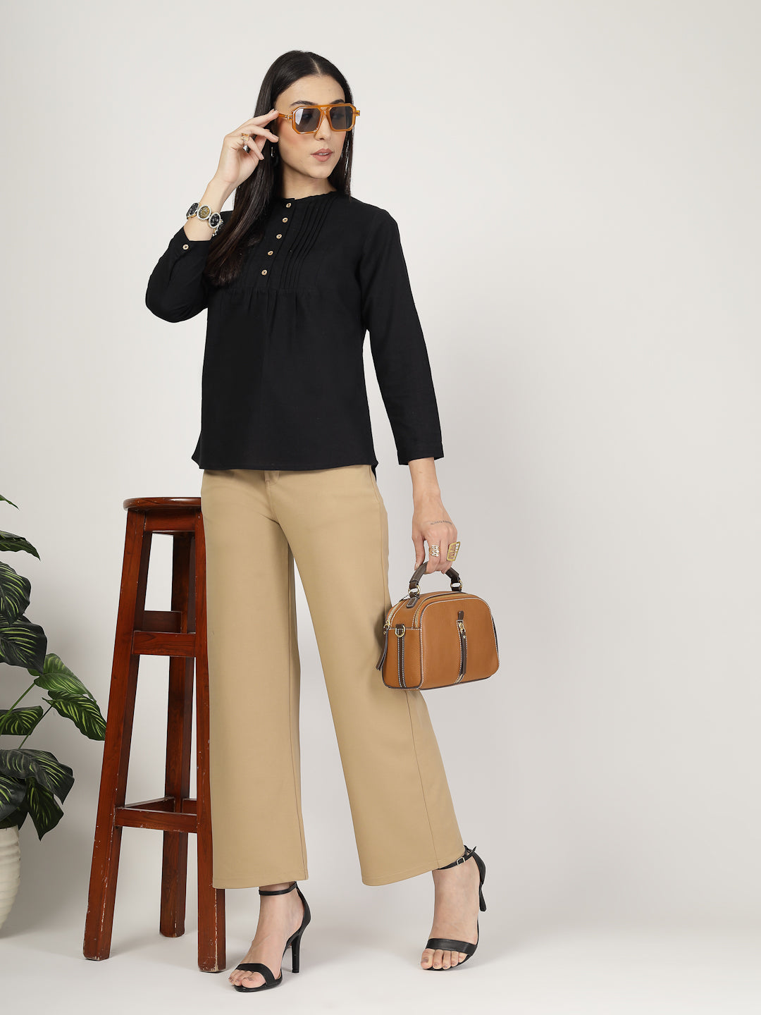 Style Quotient Women Solid Black Cotton Top-Tops-StyleQuotient