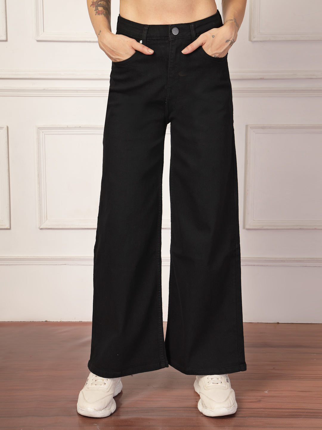 Style Quotient Women Black Wide Leg High Rise Stretchable Jeans-Jeans-StyleQuotient
