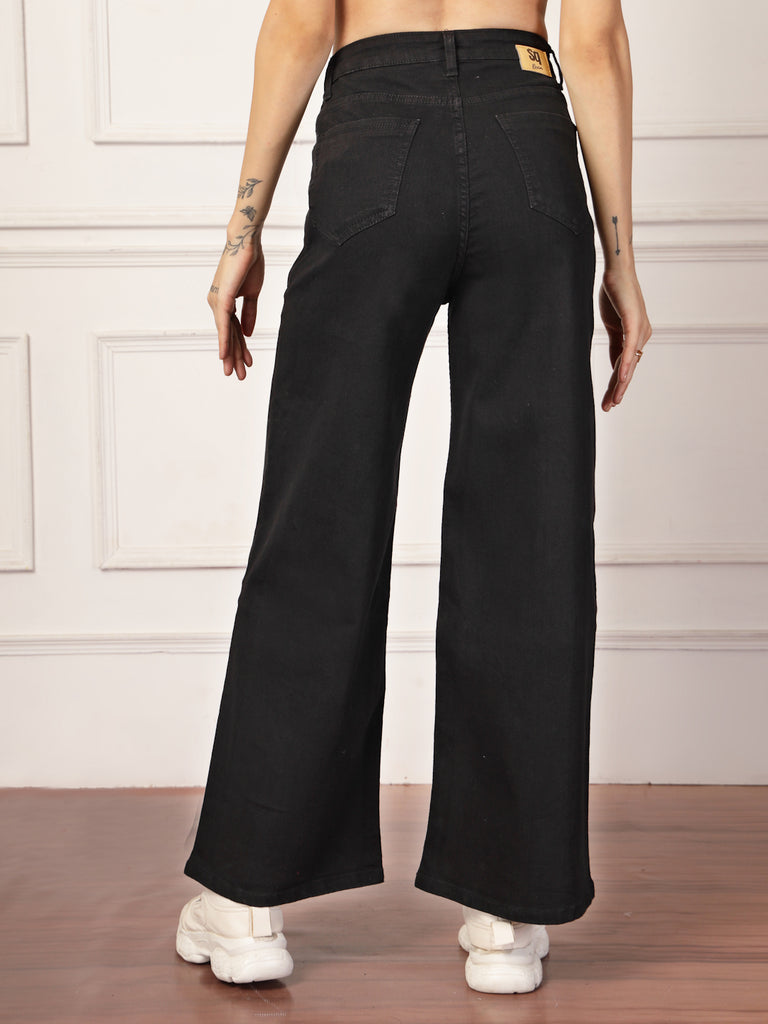 Style Quotient Women Black Wide Leg High Rise Stretchable Jeans-Jeans-StyleQuotient