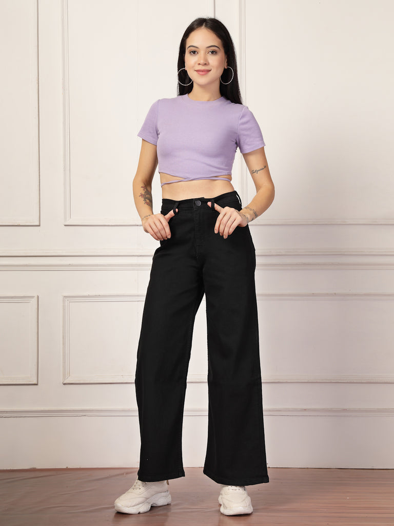 Style Quotient Women Black Wide Leg High Rise Stretchable Jeans-Jeans-StyleQuotient