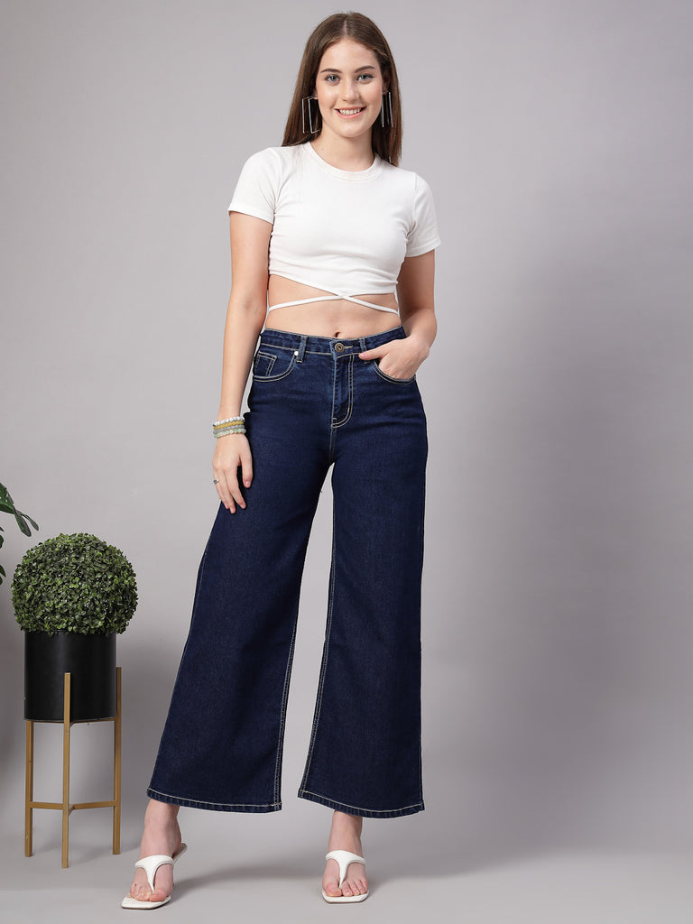 Style Quotient Women Dark Blue Wide Leg High Rise Stretchable Jeans-Jeans-StyleQuotient