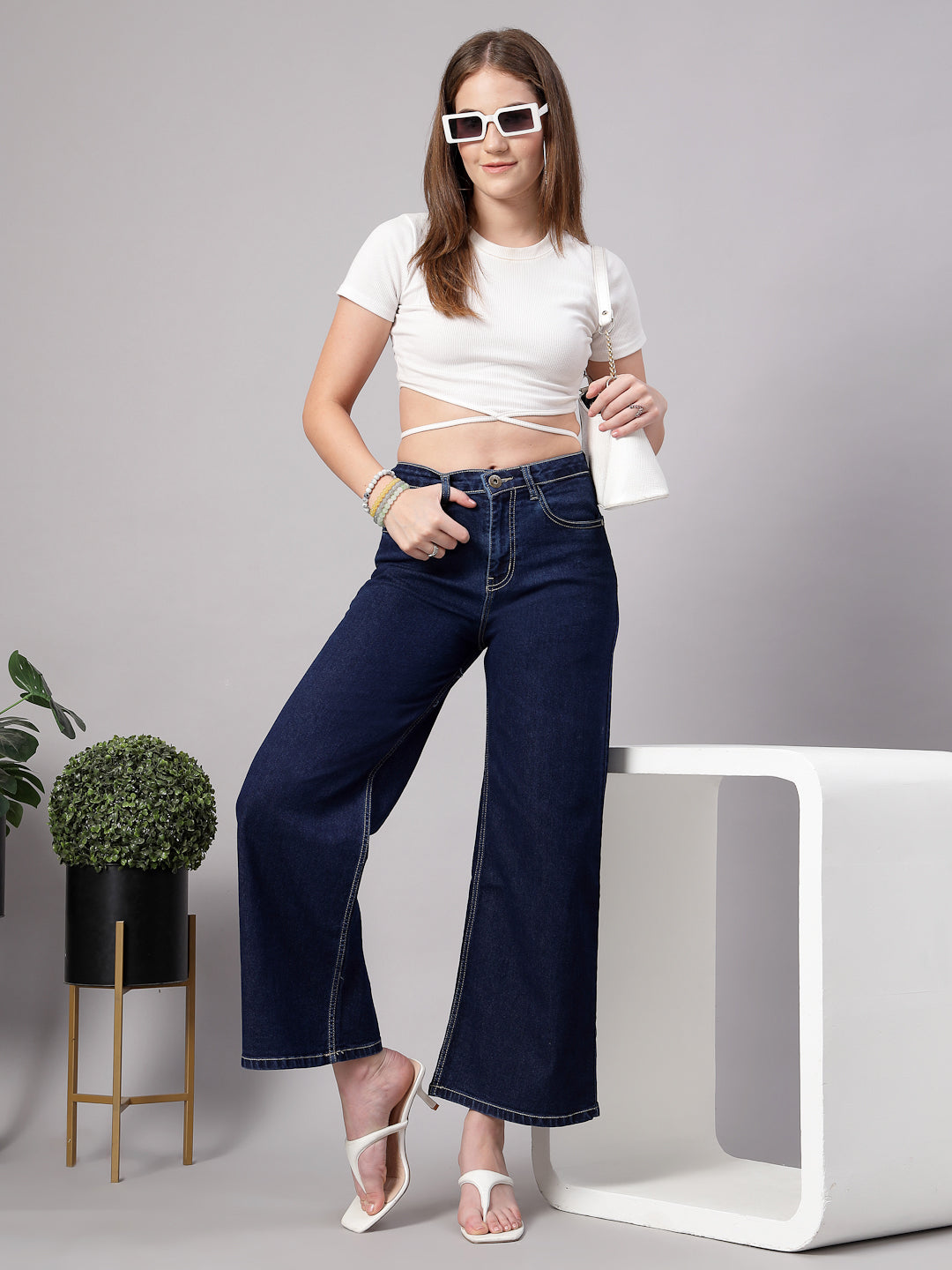 Style Quotient Women Dark Blue Wide Leg High Rise Stretchable Jeans-Jeans-StyleQuotient