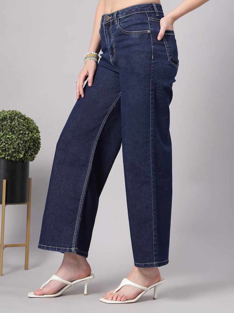 Style Quotient Women Dark Blue Wide Leg High Rise Stretchable Jeans-Jeans-StyleQuotient