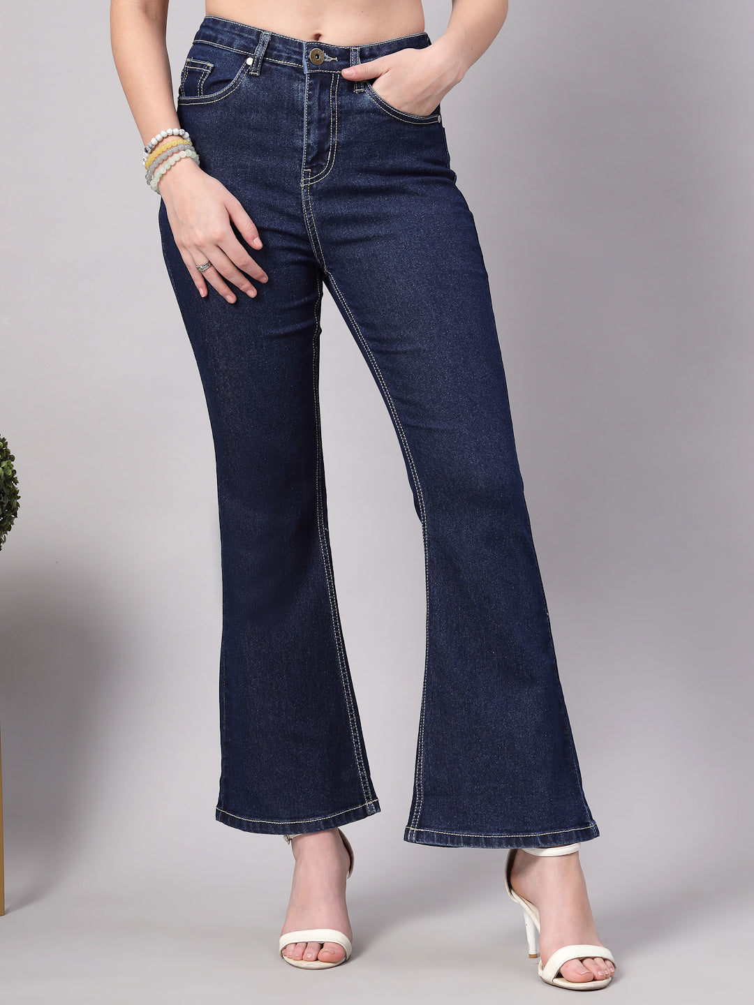 Style Quotient Women Dark Blue Flared Fit High Rise Stretchable Jeans-Jeans-StyleQuotient