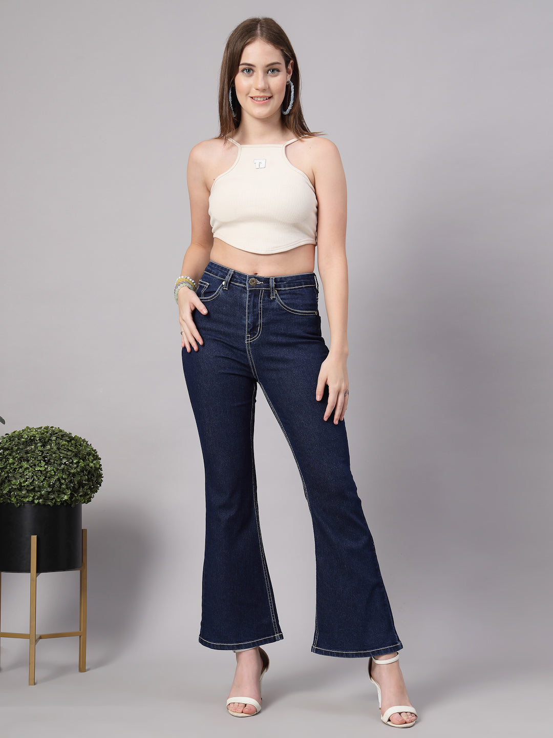 Style Quotient Women Dark Blue Flared Fit High Rise Stretchable Jeans-Jeans-StyleQuotient