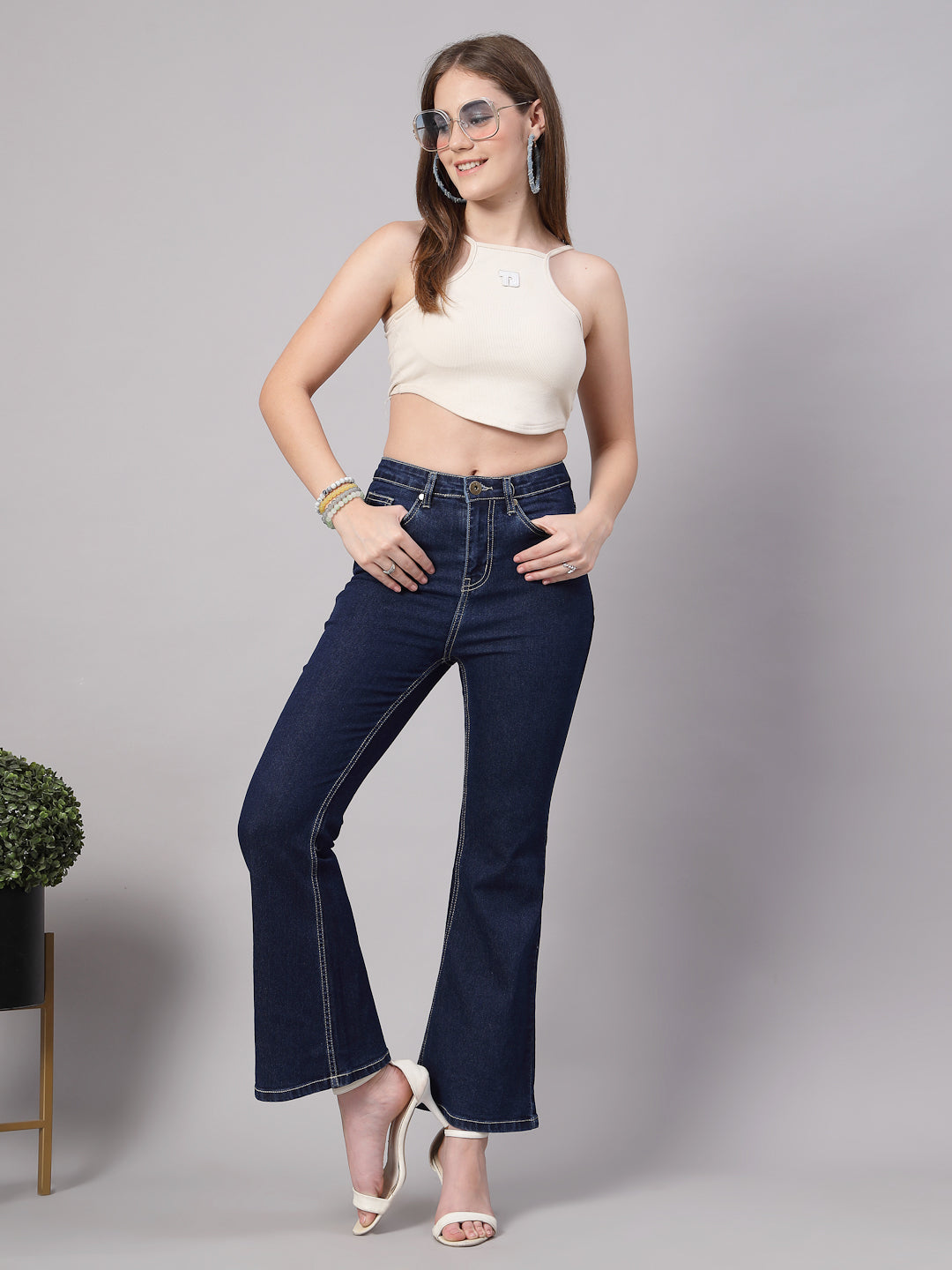 Style Quotient Women Dark Blue Flared Fit High Rise Stretchable Jeans-Jeans-StyleQuotient