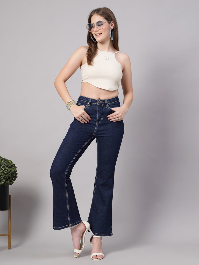 Style Quotient Women Dark Blue Flared Fit High Rise Stretchable Jeans-Jeans-StyleQuotient