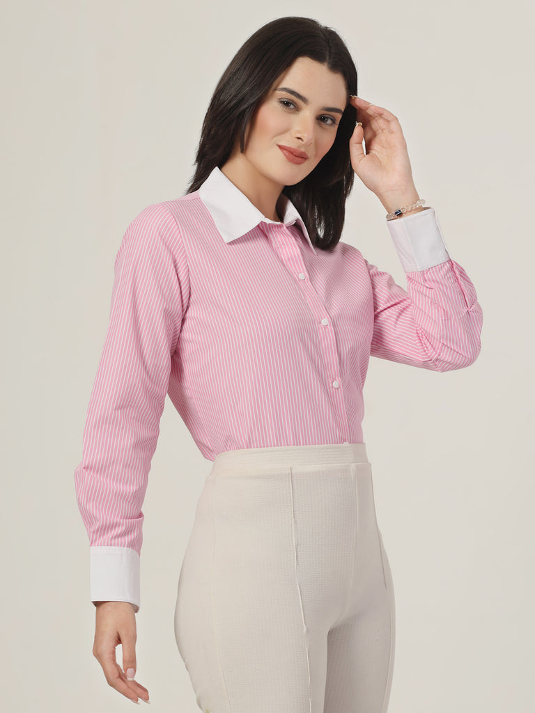 Style Quotient Women Stripe Pink And White Coloblock Polycotton Regular Formal Shirt-Shirts-StyleQuotient