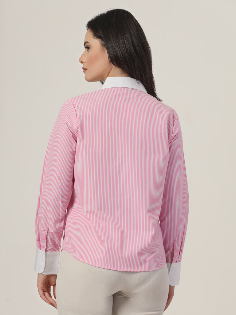 Style Quotient Women Stripe Pink And White Coloblock Polycotton Regular Formal Shirt-Shirts-StyleQuotient