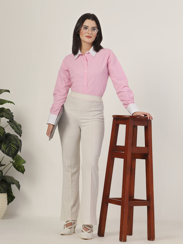 Style Quotient Women Stripe Pink And White Coloblock Polycotton Regular Formal Shirt-Shirts-StyleQuotient