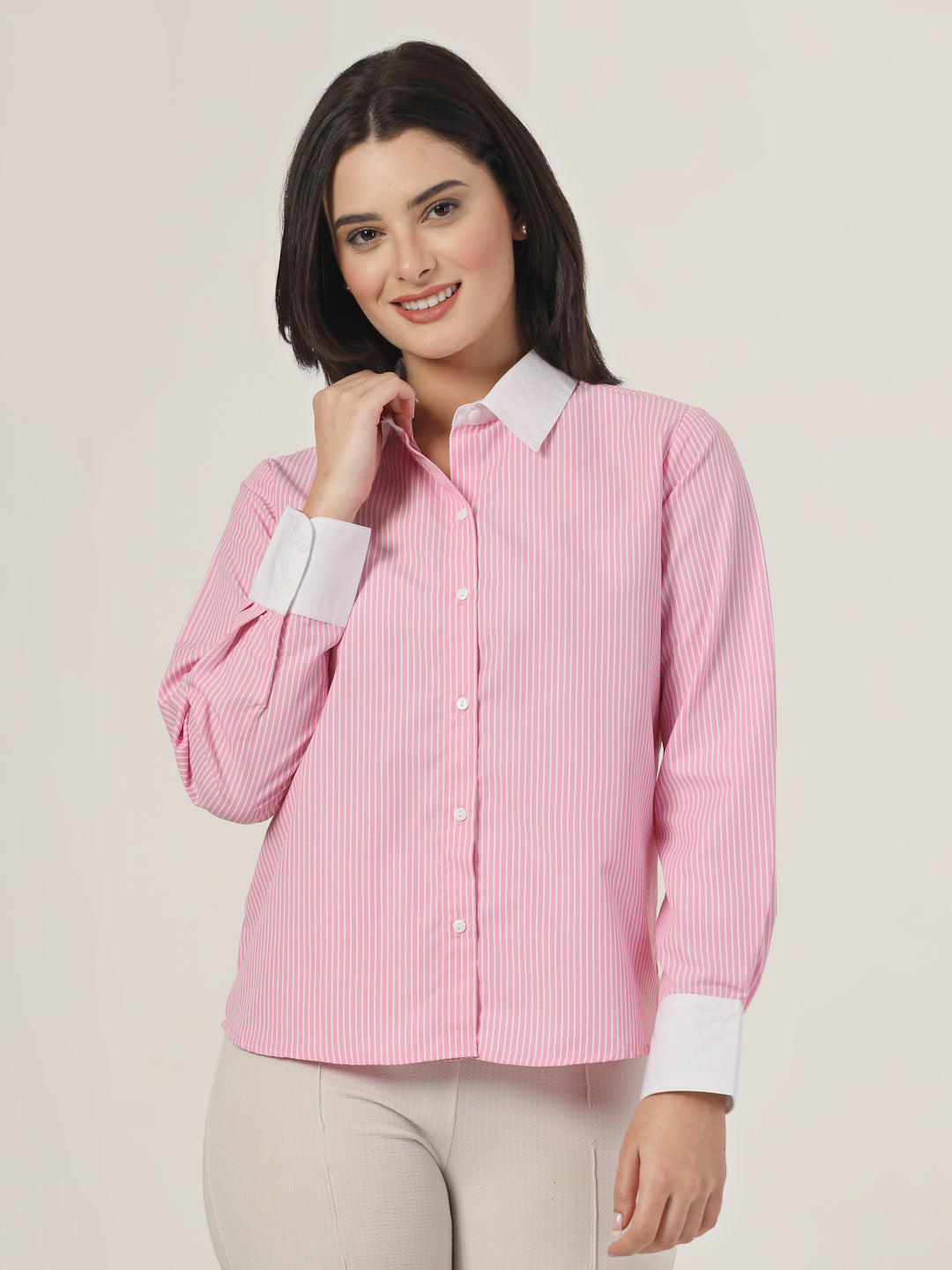 Style Quotient Women Stripe Pink And White Coloblock Polycotton Regular Formal Shirt-Shirts-StyleQuotient