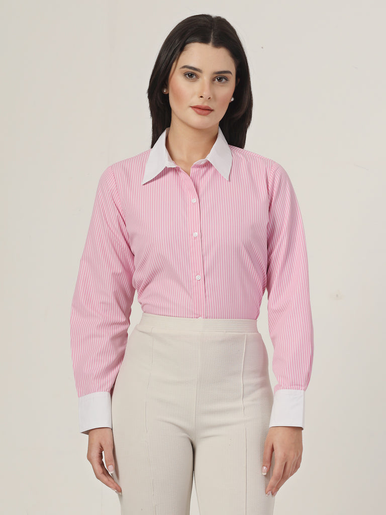 Style Quotient Women Stripe Pink And White Coloblock Polycotton Regular Formal Shirt-Shirts-StyleQuotient