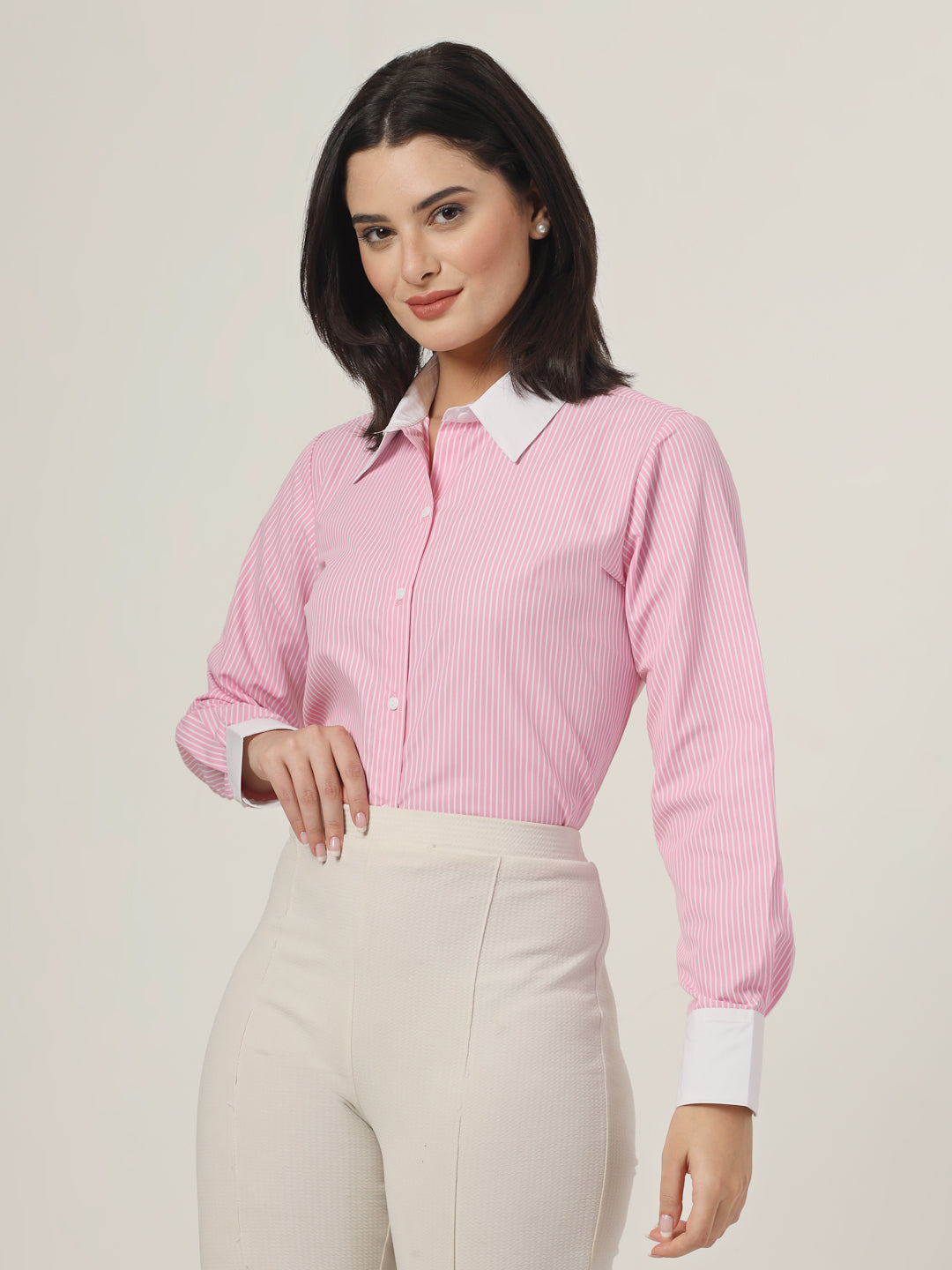 Style Quotient Women Stripe Pink And White Coloblock Polycotton Regular Formal Shirt-Shirts-StyleQuotient