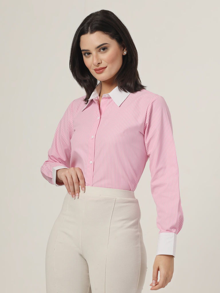 Style Quotient Women Stripe Pink And White Coloblock Polycotton Regular Formal Shirt-Shirts-StyleQuotient