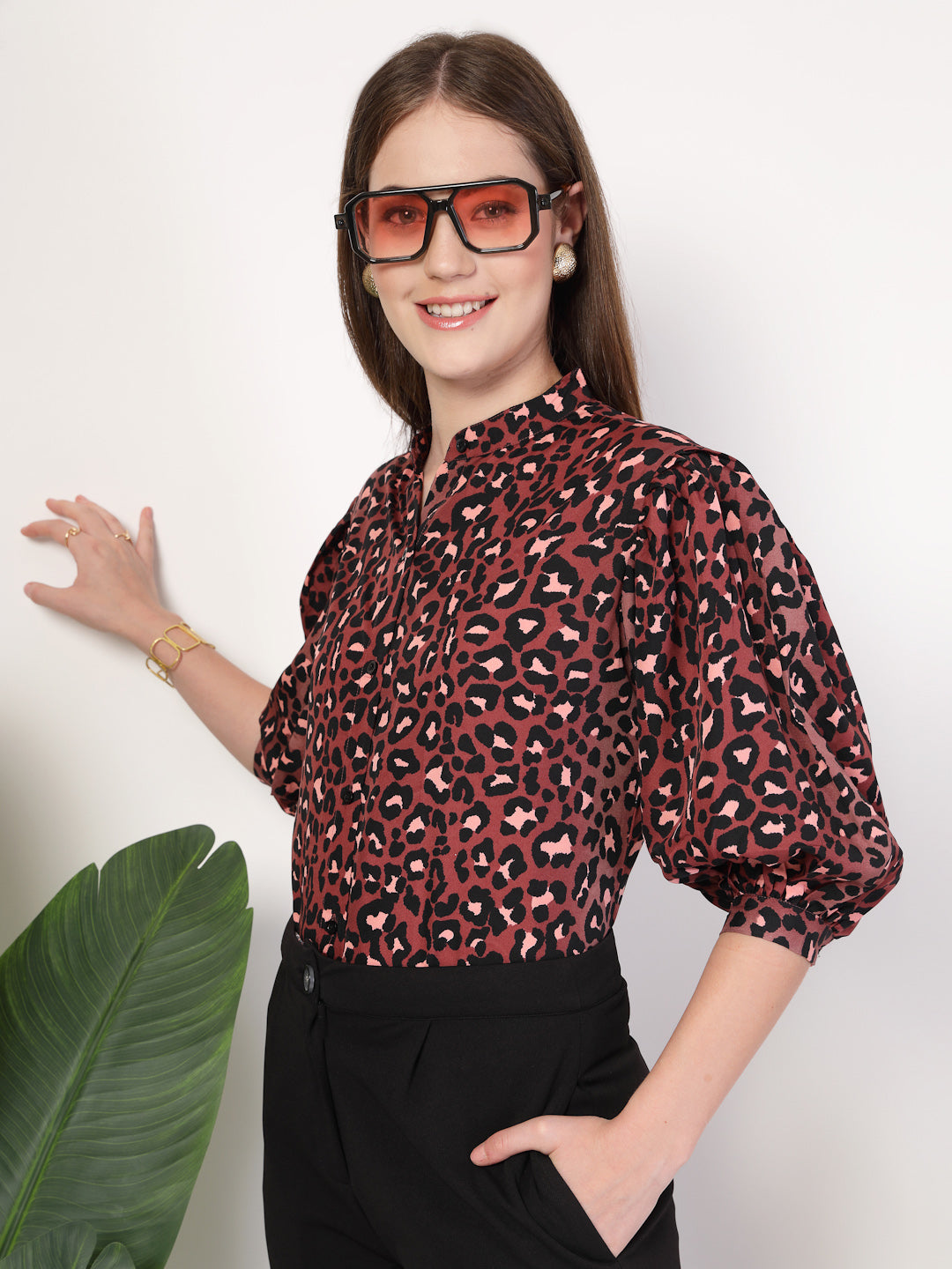 Style Quotient Women Rust Multi Printed Regular Fit Semi Formal Polyester Shirt-Shirts-StyleQuotient