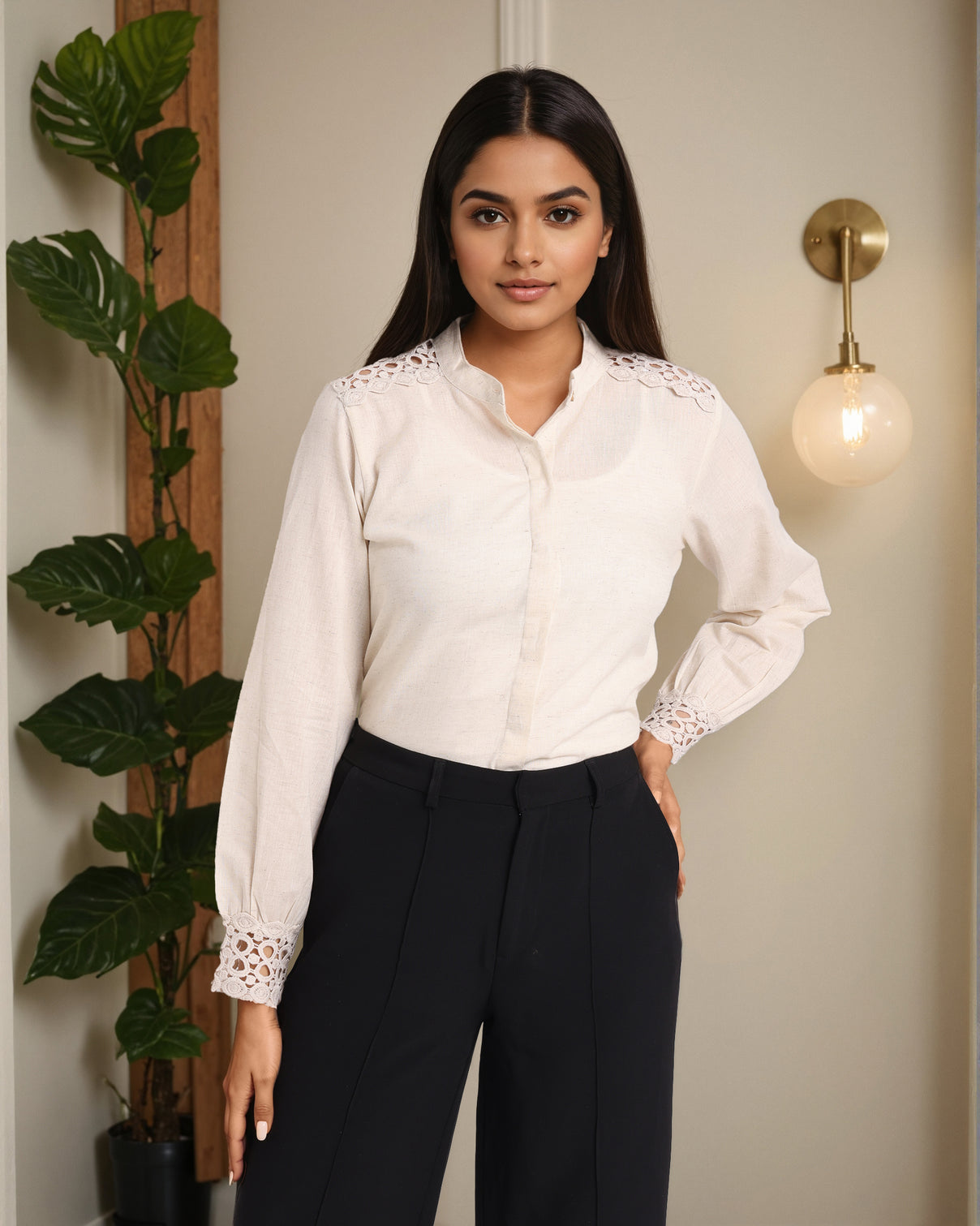 Style Quotient Women Solid Ivory Flex Cotton Formal Shirt-Shirts-StyleQuotient