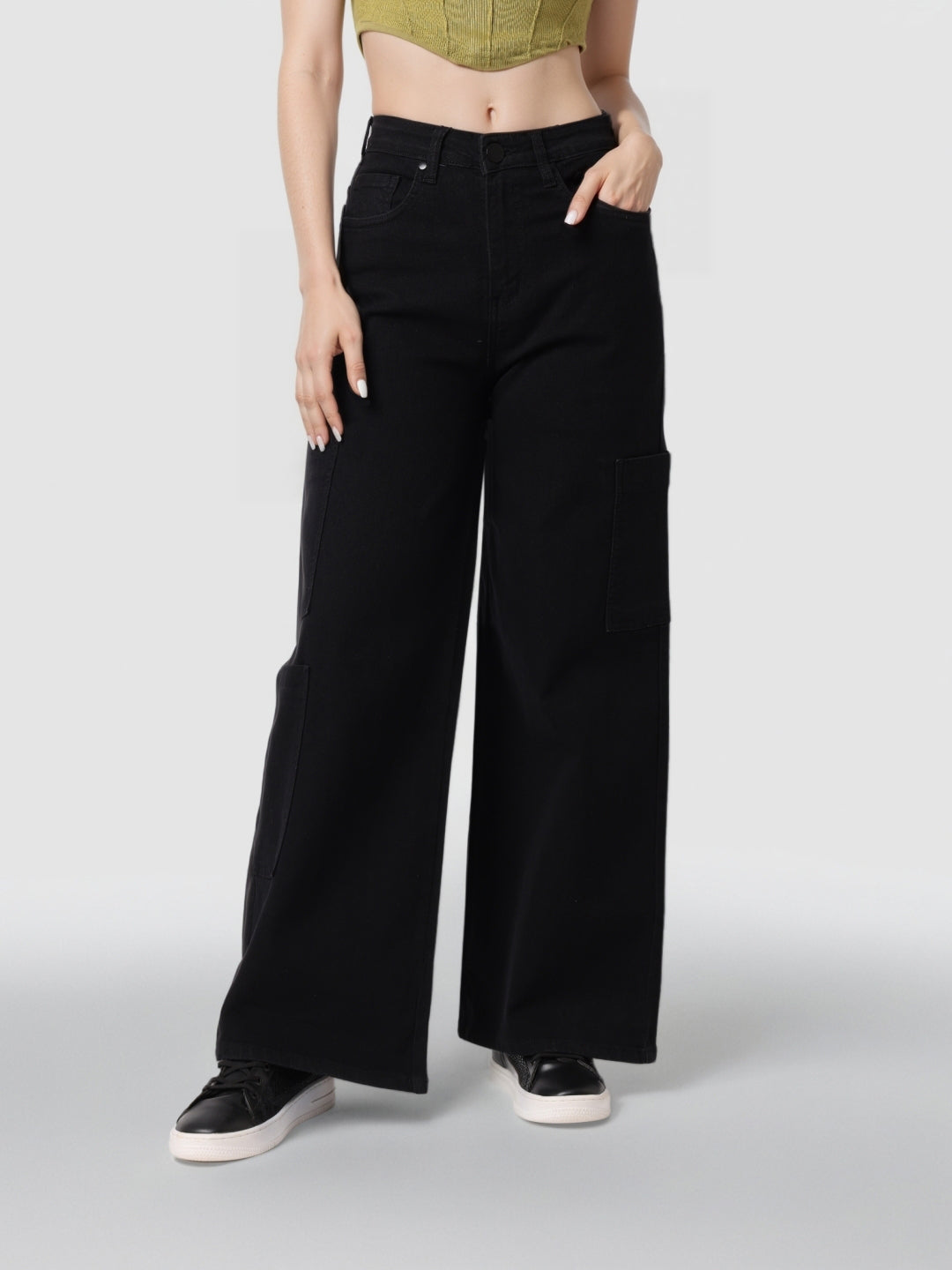 Style Quotient Women Black Wide Leg High Rise Stretchable Cargo Jeans-Jeans-StyleQuotient