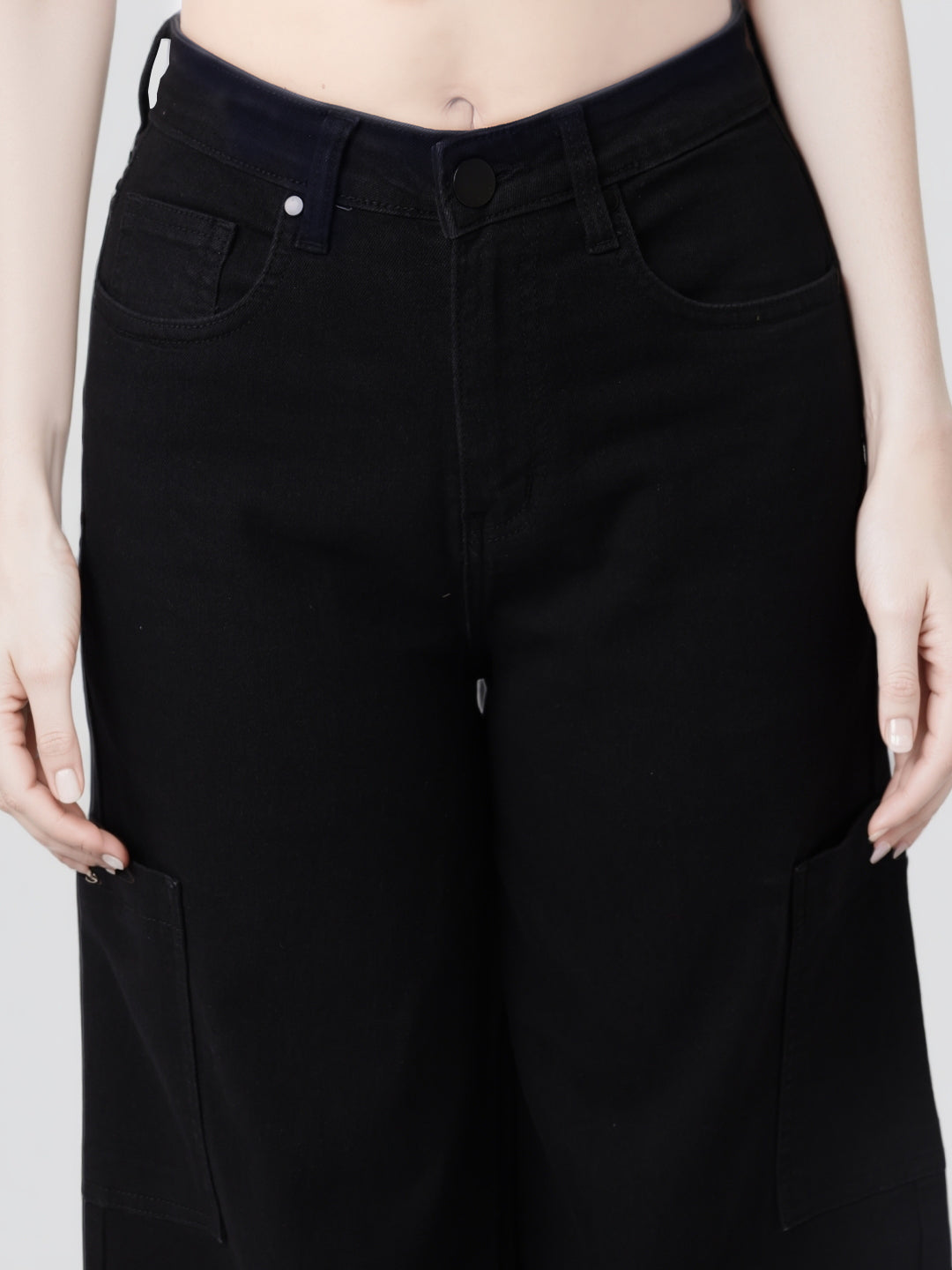 Style Quotient Women Black Wide Leg High Rise Stretchable Cargo Jeans-Jeans-StyleQuotient