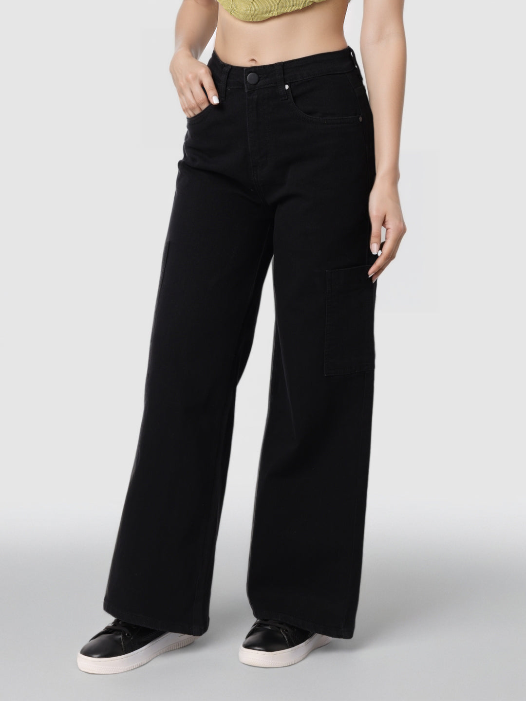 Style Quotient Women Black Wide Leg High Rise Stretchable Cargo Jeans-Jeans-StyleQuotient