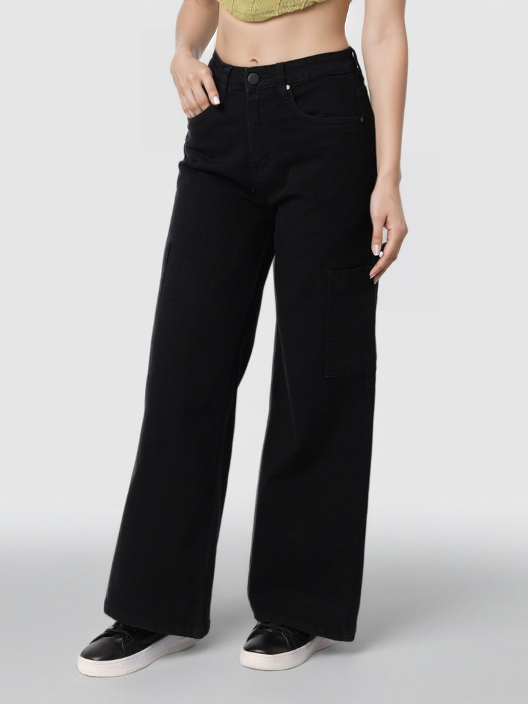 Style Quotient Women Black Wide Leg High Rise Stretchable Cargo Jeans-Jeans-StyleQuotient