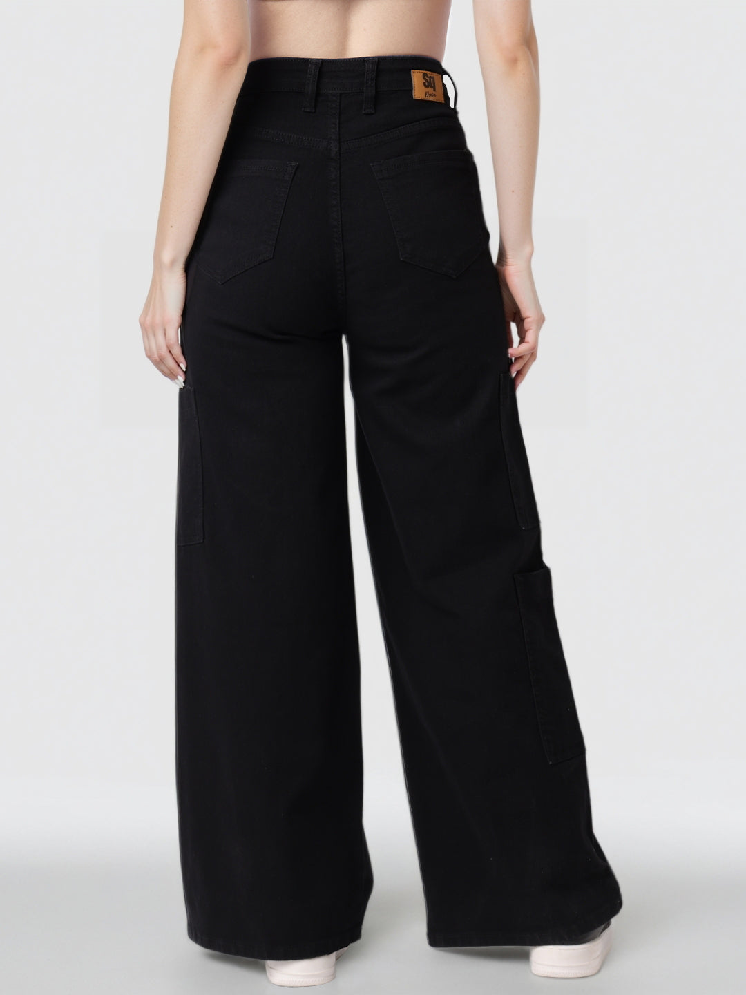 Style Quotient Women Black Wide Leg High Rise Stretchable Cargo Jeans-Jeans-StyleQuotient