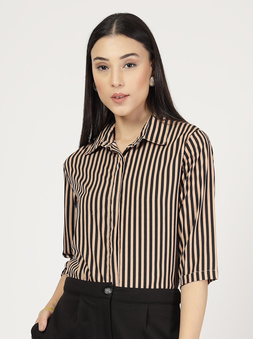 Style Quotient Women Nude Black Stripe Printed Semi Formal Polyester Shirt-Shirts-StyleQuotient