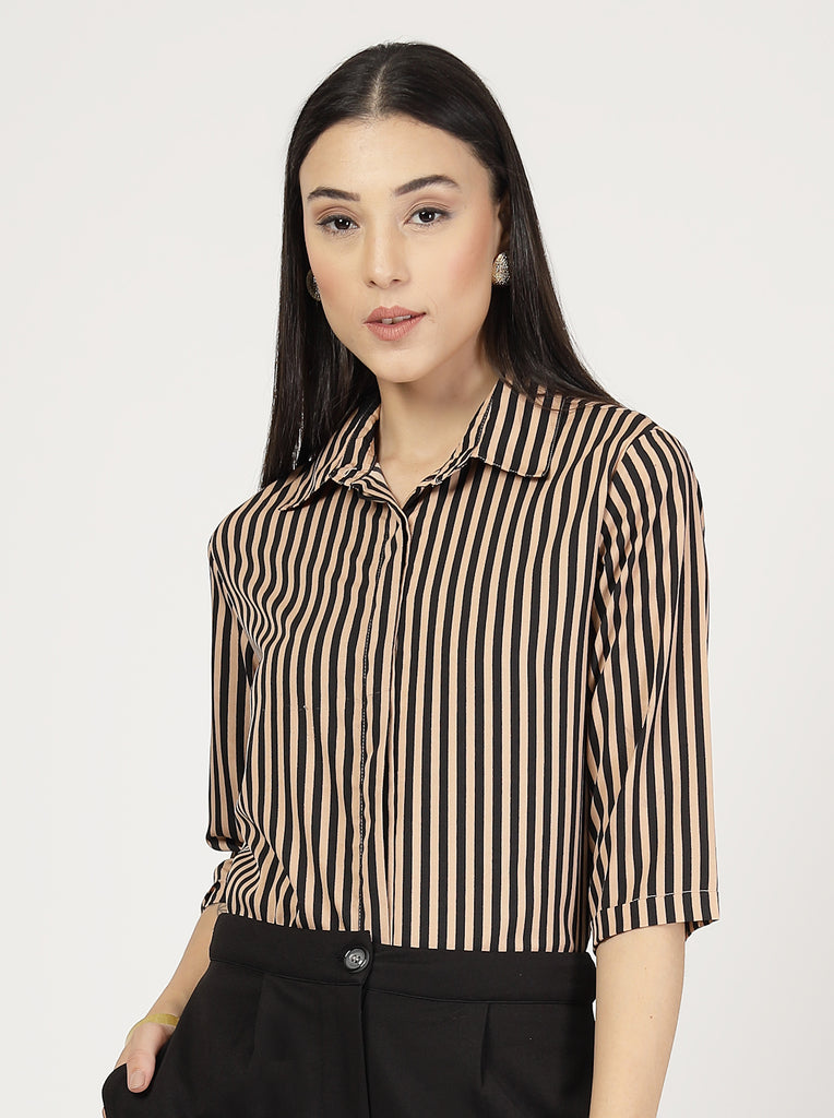 Style Quotient Women Nude Black Stripe Printed Semi Formal Polyester Shirt-Shirts-StyleQuotient