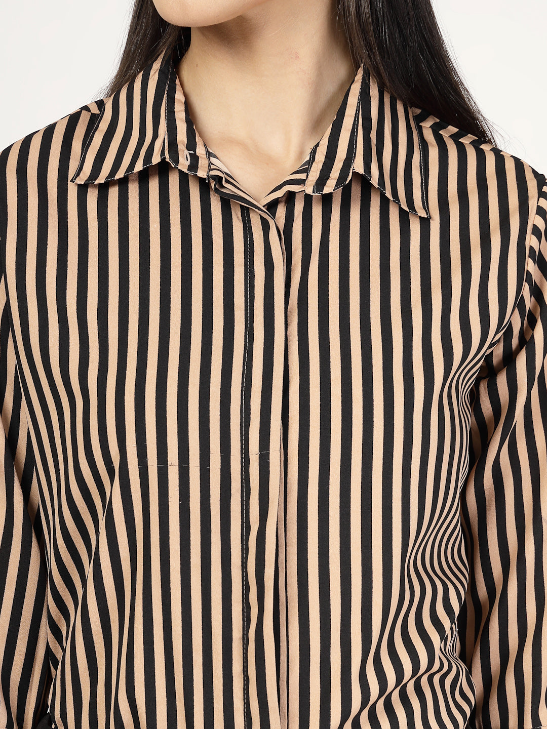 Style Quotient Women Nude Black Stripe Printed Semi Formal Polyester Shirt-Shirts-StyleQuotient