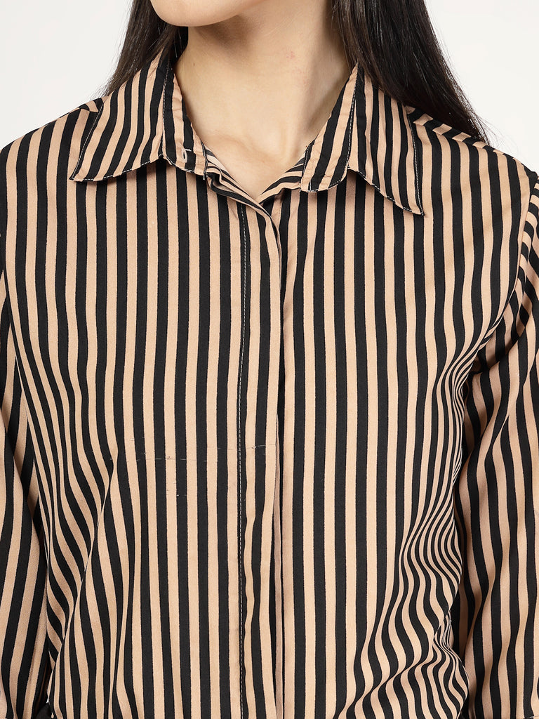 Style Quotient Women Nude Black Stripe Printed Semi Formal Polyester Shirt-Shirts-StyleQuotient