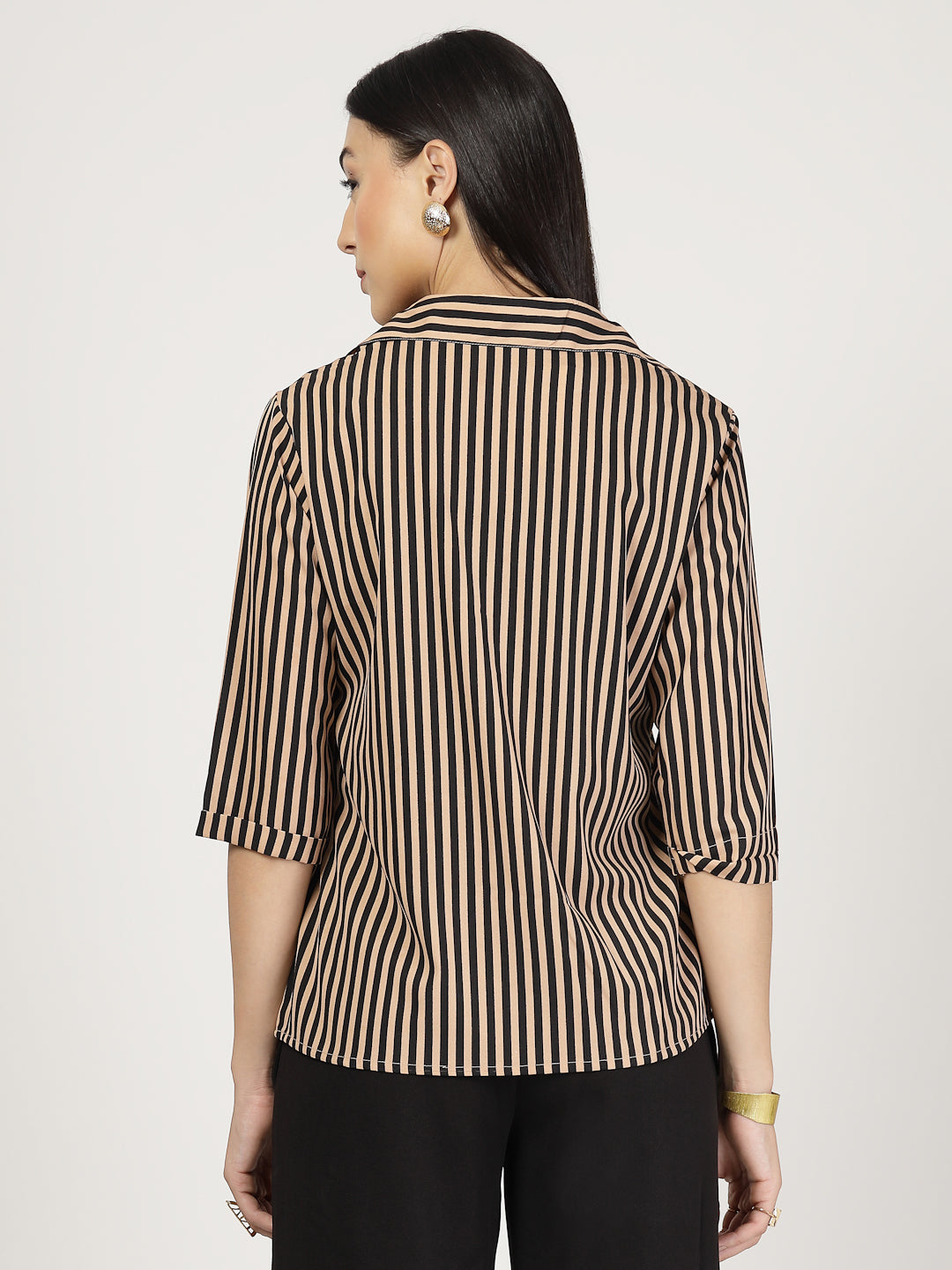 Style Quotient Women Nude Black Stripe Printed Semi Formal Polyester Shirt-Shirts-StyleQuotient